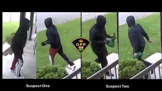 Person in black hoodie and red pants running. Person in black hoodie and dark pants running.