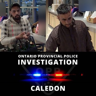 Two split images of a man. Left: Man with beard, wearing a hooded sweatshirt, looking left. Right: Man with beard, wearing a hooded sweatshirt, looking down. Text: Ontario Provincial Police, Investigation, Caledon.