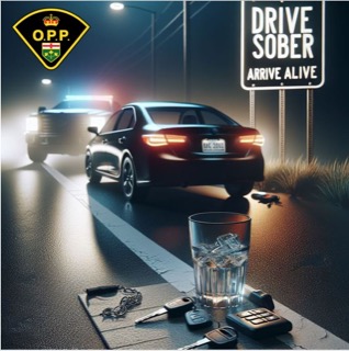 Keys and a glass of whiskey on a road with a police car in the background. Drive Sober Arrive Alive.