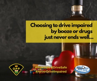 A bottle of liquor and a glass of liquid, dark background. Choosing to drive impaired by booze or drugs just never ends well... #RideSafe #DriveSafe #NeverDriveImpaired