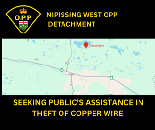 Map showing the location of Lebross, Ontario. Seeking public assistance in theft of copper wire.