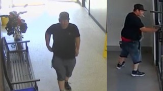 Man wearing a black t-shirt and shorts walking. Man wearing a black t-shirt and shorts reaching for a door handle.