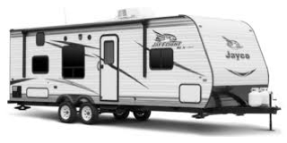 Silver and white travel trailer with black accents