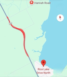 Road with a 28 sign, Rice Lake Drive North