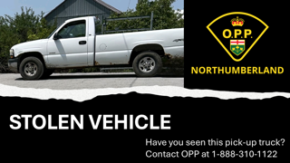 White Chevrolet pickup truck, side view. Stolen vehicle. Have you seen this pick-up truck? Contact OPP at 1-888-310-1122. Northumberland. OPP logo.