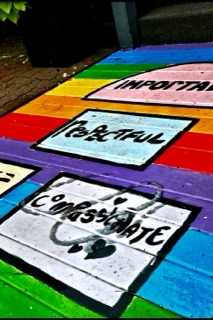 Colorful painted squares, compassionate, respectful, important
