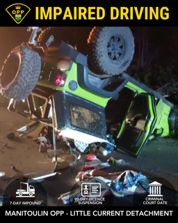 Wrecked green ATV in tall grass