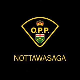 Ontario Provincial Police crest, black shield with gold trim, "O.P.P." in gold lettering above a red maple leaf with two laurel branches.