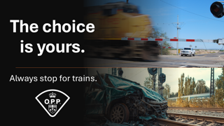 Damaged car near railroad crossing.