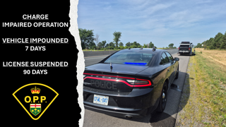 Police car with lights on, parked on the side of a road. Black and white text overlay: Charge impaired operation, vehicle impounded 7 days, license suspended 90 days. OPP logo in the top left corner.
