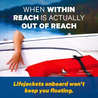 Person snowboarding down a snowy mountain slope. Lifejackets onboard won’t keep you floating.