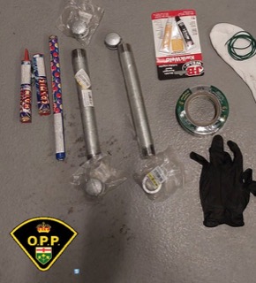 Fireworks, tape, gloves, metal tools