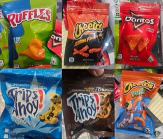 Ruffles potato chips, yellow and red packaging. Cheetos Crunchy, red and yellow packaging, "Extra Flamin' Hot." Doritos Nacho Cheese, orange and yellow packaging. Three chocolate chip cookies, "Tipsy Cookies," "Original," "500mg."