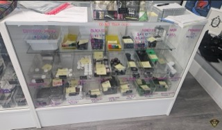 Display case filled with various products.