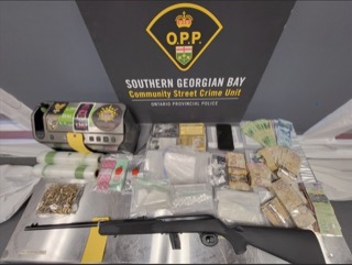 Firearm, bundles of cash, and packaged substances.