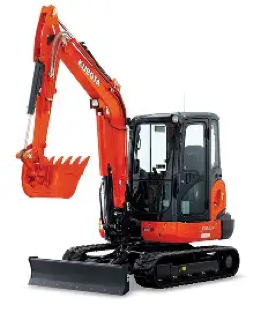 Compact excavator with red arm and black cab