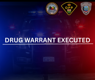 Police badges and "DRUG WARRANT EXECUTED" text