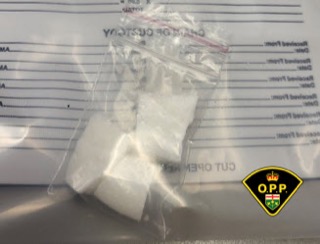 White crystalline substance in a clear plastic bag.