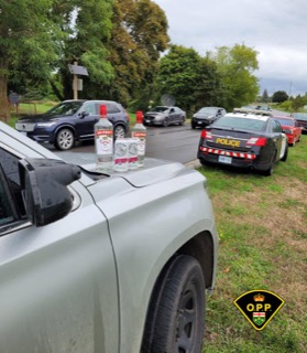 Two bottles of Smirnoff vodka on a car tire. Police car in the background.