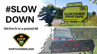 O.P.P. logo and Northumberland text. Speed display showing 184 km/h in a posted 80.