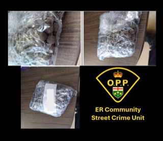 Three packages of a white powdery substance wrapped in plastic. O.P.P. emblem. ER Community Street Crime Unit