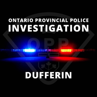 Ontario Provincial Police logo over flashing blue and red lights