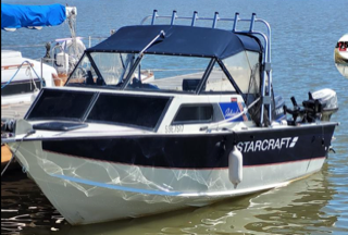 Black and white boat with a black canvas roof.