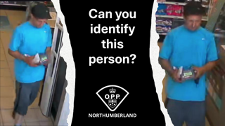 Two people in blue shirts standing near a gas pump. Text: Can you identify this person? Northumberland OPP logo.