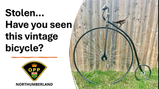 Vintage penny-farthing bicycle against a wooden fence.