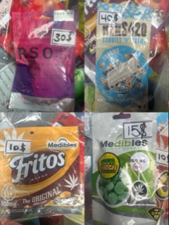 Assorted packaged edibles and snacks.