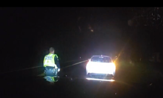 Police officer in high-visibility vest stands near a police car with headlights on.