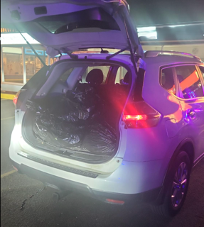 White SUV with open tailgate, dark interior, purple and red lights visible