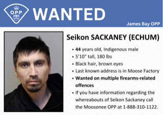 Wanted, Indigenous male, 5’10”, 180 lbs, black hair, brown eyes, last known address in Moose Factory, wanted on multiple firearms-related offences, call the Moosonee OPP at 1-888-310-1122