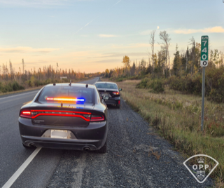 Ontario Provincial Police cruiser with lights on, parked on the shoulder of a highway. Another vehicle is stopped behind it. Road sign reads "740.0". Forested area on both sides of the road.