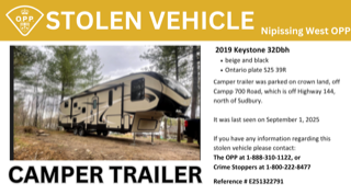 2019 Keystone 32DBH, beige and black, Ontario plate S25 39R. Camper trailer parked on wooded area. Reference # E251322791.