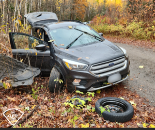 Damaged black Ford Explorer in foliage.