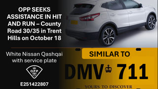 White Nissan Qashqai with service plate OPP seeks assistance in hit and run - County Road 30/35 in Trent Hills on October 18 DMV 711 E251422807 Yours to discover