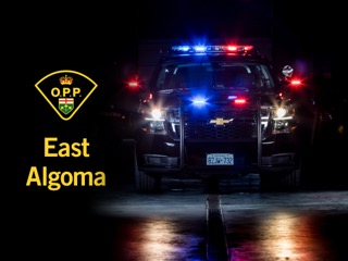 Ontario Provincial Police cruiser with flashing blue and red lights.