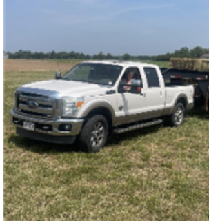 White pickup truck on a grassy field