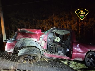 Damaged red pickup truck in tall grass