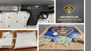 Firearm and Canadian currency seized. Northumberland Community Street Crime Unit, Ontario Provincial Police.