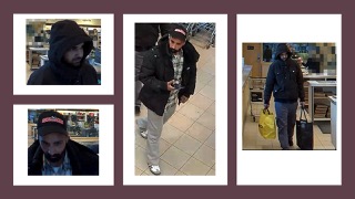 Man in a hooded sweatshirt, looking up. Man wearing a plaid shirt and jeans, walking. Man in a dark jacket, carrying a shopping bag. Man wearing a red baseball cap. Unclear.