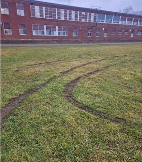 Green lawn with visible tire tracks. Brick building in background.