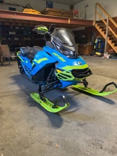 Blue and green snowmobile
