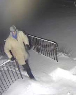 Person descending stairs covered in snow.