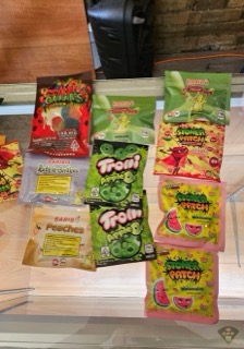 Assorted candy bags on a shelf