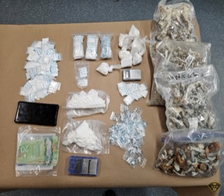 Small baggies of white powder, Canadian twenty-dollar bill, black smartphone, small bag of green leafy substance, handwritten note.