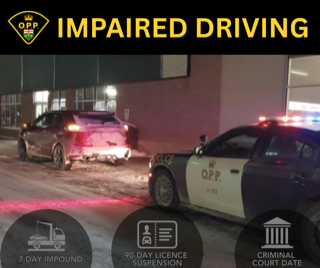 Black car impounded in snow, police lights flashing