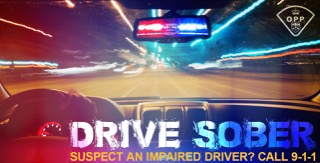 Dashboard view through windshield with red and blue police lights. Drive sober. Suspect an impaired driver? Call 9-1-1.