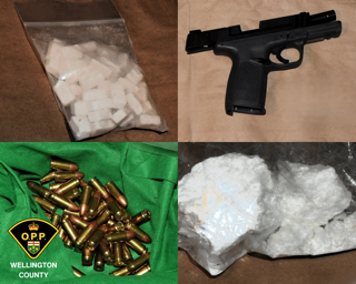 Small bag of white pills Black handgun Pile of ammunition Large bag of white powder